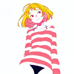 1girl absurdres bikini bikini_under_clothes black_bikini black_panties blending blonde_hair firework_japan highres no_pants original panties red_shirt shirt short_hair simple_background solo striped_clothes striped_shirt swimsuit underwear white_background white_shirt