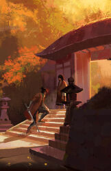 1boy 1girl day holding holding_sword holding_weapon original pixiescout sekiro:_shadows_die_twice shadow stone_lantern sunlight sword torii weapon