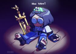 1girl artist_name black_gloves black_hair coolfrog_(punch_punch_forever!) dougi fingerless_gloves frog glasses gloves highres karate_gi matsumoto_gogo punch_punch_forever! round_eyewear short_hair short_sleeves sitting solo speedoru trophy wooden_floor