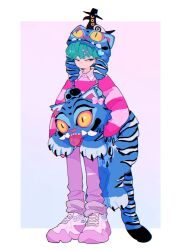 1boy :/ alternate_costume animal animal_on_head baby_(kpop_demon_hunters) bird bird_on_head black_hat blue_fur blue_hat bow carrying character_hat closed_mouth collared_shirt derpy_(kpop_demon_hunters) dot_nose extra_eyes fashion full_body green_hair hair_bow hair_ornament hairclip hat heart highres kpop_demon_hunters long_sleeves looking_to_the_side male_focus nasi_w2 on_head pants pink_bow pink_pants pink_shoes pink_sweater pom_pom_(clothes) shirt shoelaces shoes short_hair sideways_glance slit_pupils solo standing striped_clothes striped_fur striped_sweater sussie_(kpop_demon_hunters) sweater teeth tiger tongue tongue_out wing_collar yellow_eyes