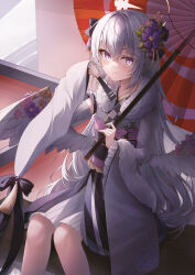 Rule 34 | 1girl, absurdres, angel wings, azusa (blue archive), blue archive, flower, grey hair, hair between eyes, hair flower, hair ornament, highres, holding, holding umbrella, ichizon, japanese clothes, kimono, long hair, new year, purple eyes, umbrella, white kimono, white wings, wings