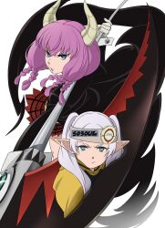 2girls aura_(sousou_no_frieren) black_jacket blue_eyes braid commentary_request cosplay demon_girl demon_horns frieren green_eyes headband highres holding holding_scythe holding_weapon horns jacket long_hair long_sleeves looking_at_viewer maka_albarn maka_albarn_(cosplay) multiple_girls parted_lips plaid_clothes plaid_skirt pleated_skirt pointy_ears purple_hair red_skirt scythe skirt sleeve_cuffs soul_eater soul_evans soul_evans_(cosplay) sousou_no_frieren syaparinton twintails v-shaped_eyebrows weapon white_hair white_headband yellow_jacket