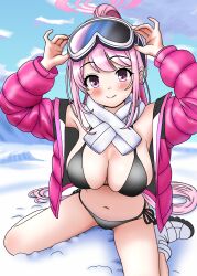 1girl absurdres aikawa_nandesu bikini black_bikini blue_archive blue_sky breasts cloud commentary_request day eimi_(blue_archive) eimi_(swimsuit)_(blue_archive) goggles goggles_on_head halo highres jacket large_breasts long_hair looking_at_viewer official_alternate_costume open_clothes open_jacket outdoors padded_jacket pink_eyes pink_hair pink_halo pink_jacket ponytail scarf side-tie_bikini_bottom sitting ski_goggles sky solo swimsuit wariza white_scarf