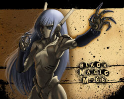 Rule 34 | 1girl, android, black magic m-66, blue eyes, blue hair, claws, commentary request, expressionless, janome gochou, long hair, looking at viewer, m-66, mismatched pupils, red pupils, robot girl, science fiction, solo