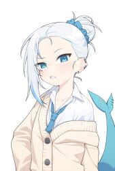 1girl absurdres asymmetrical_hair blue_eyes blue_neckerchief blue_scrunchie blue_streaks blush brown_cardigan cardigan collared_shirt ear_cuffs earrings fins fish_tail gawr_gura grimace hair_bun hair_ornament hair_scrunchie highres hololive hololive_english jewelry multicolored_hair neckerchief off_shoulder open_collar raised_eyebrow school_uniform scrunchie shark_tail shirt solo streaked_hair stud_earrings tail ugaaaa1 virtual_youtuber white_background white_hair white_shirt