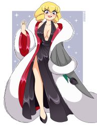 absurdres artist_name bare_shoulders black_dress black_flower black_tulip blonde_hair breasts coat domino_(pokemon) dress eyelashes flower fur_coat fur_trim gold_ring gown high_heels highres holding holding_flower jewelry nico-neko nintendo open_mouth pokemon pokemon_(anime) pokemon_(classic_anime) ring silk smile smug standing thighs tulip twitter_username white_background