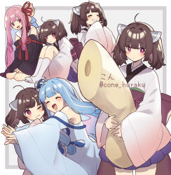 3girls artist_name black_kimono blue_hair blue_kimono blue_skirt blue_sleeves blush border bright_pupils brown_background brown_hair closed_eyes colored_inner_hair commentary_request corn_kuten detached_sleeves glomp gradient_clothes gradient_kimono grin headgear highres holding holding_pillow hug hugging_own_legs japanese_clothes kimono kotonoha_akane kotonoha_aoi long_hair long_sidelocks long_sleeves looking_at_another low-tied_sidelocks multicolored_hair multiple_girls multiple_views no_shoes obi one_eye_closed open_mouth pillow pink_hair pink_kimono pleated_skirt red_eyes sash short_twintails sidelocks sitting skirt smile socks touhoku_kiritan twintails twitter_username voiceroid wariza white_background white_kimono white_pupils white_socks wide_sleeves