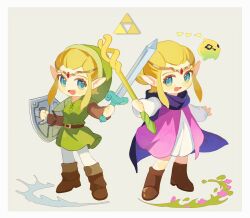 2girls :d belt belt_buckle blonde_hair blue_eyes boots border brown_belt brown_boots brown_sleeves buckle cape chibi commentary commentary_request cosplay dress dual_persona eyelashes flower full_body gem green_hat green_sleeves green_tunic grey_background hat highres holding holding_shield holding_staff holding_sword holding_weapon layered_sleeves left-handed link link_(cosplay) long_sleeves looking_at_viewer mmmaki_0 multiple_girls nintendo open_mouth pants pantyhose parted_bangs pink_dress pointy_ears princess_zelda puffy_sleeves purple_cape red_gemstone shield short_hair short_over_long_sleeves short_sleeves sidelocks smile staff sword the_legend_of_zelda the_legend_of_zelda:_echoes_of_wisdom tiara tri_(zelda) tri_rod triangle triforce tunic two-tone_dress weapon white_border white_dress white_pants white_sleeves