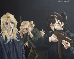 3girls alternate_costume aqua_eyes aqua_hair assault_rifle black_hair black_poncho blonde_hair blue_eyes class_of_09 clenched_teeth closed_eyes covering_own_ears crossover emily_(class_of_09) green_jacket grey_shirt gun hair_bun handgun holding holding_gun holding_weapon jacket jecka_(class_of_09) krissywaffles long_hair messy_hair multicolored_hair multiple_girls nicole_(class_of_09) open_mouth pants ponytail rain_poncho rifle shirt squid_game streaked_hair teeth weapon