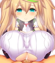 1boy 1girl asamura_hiori black_gloves blue_eyes blush breasts brown_hair censored choker cleavage_cutout closed_mouth clothing_cutout cum cum_in_clothes ejaculation ejaculation_under_clothes elbow_gloves gene_(pso2) gloves green_hair hair_between_eyes hetero highres large_breasts long_hair looking_at_viewer multicolored_hair paizuri paizuri_under_clothes penis phantasy_star phantasy_star_online_2 pov pov_crotch smile solo_focus streaked_hair twintails underboob upper_body