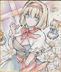 1girl absurdres adapted_costume alice_margatroid blonde_hair blue_dress blue_eyes breasts capelet cleavage cleavage_cutout closed_mouth clothing_cutout commentary_request dated doll dress falling_petals flower flower_request frilled_hairband frills hairband highres large_breasts lolita_hairband looking_at_viewer monety petals red_hairband shanghai_doll shikishi signature smile solo touhou traditional_media white_capelet white_flower white_petals