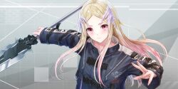Rule 34 | 1girl, arm belt, belt, black belt, black jacket, blonde hair, blue reflection (series), blue reflection sun, closed mouth, clothes writing, english text, fighting stance, game cg, grey background, grid background, hair ornament, highres, holding, holding polearm, holding weapon, jacket, kishida mel, looking at viewer, morisaki alesia yu, multiple belts, non-web source, official art, polearm, red eyes, sidelocks, solo, spear, upper body, weapon, zipper