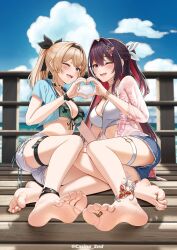Rule 34 | 2girls, ;d, anklet, azki (hololive), barefoot, bikini, black bikini, blonde hair, blue shorts, blush, breasts, casino (casinoep), colored inner hair, day, feet, foot focus, full body, hair intakes, hair ribbon, half updo, heart, heart hands, heart hands duo, highres, hololive, jacket, jewelry, kazama iroha, large breasts, long hair, long sleeves, medium breasts, mole, mole under eye, multicolored hair, multiple girls, one eye closed, open clothes, open jacket, open mouth, outdoors, ponytail, red hair, ribbon, short sleeves, shorts, smile, swimsuit, thigh strap, toe ring, very long hair, virtual youtuber, white bikini, white shorts