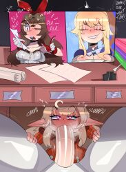 1futa 2girls age_difference amber_(genshin_impact) angry blonde_hair blush breasts brown_eyes brown_hair closed_eyes clothed_sex english_text fellatio futa_with_female futanari genshin_impact heart heart-shaped_pupils huge_penis jean_(genshin_impact) klee_(genshin_impact) loli long_hair looking_at_viewer medium_breasts multiple_girls nervous nervous_smile one_eye_closed oral penis pointy_ears sitting size_difference smile stealth_fellatio stealth_sex symbol-shaped_pupils tayuri uncensored