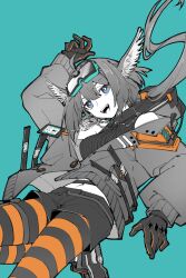 1girl :d aciddrop_(arknights) aqua_background arknights arm_up blue_eyes chain chinese_commentary commentary_request crop_top cropped_sweater glint gloves goggles goggles_on_head hair_between_eyes highres jacket lanyard long_hair long_sleeves looking_at_viewer midriff navel open_mouth orange_pantyhose pantyhose partial_commentary partially_colored piaoliu_ping_ping_ping_pingzi ponytail ribbed_sweater short_shorts shorts simple_background smile solo striped_clothes striped_pantyhose sweater