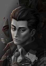 Rule 34 | 1boy, broken glass, brown hair, bulletproof vest, closed mouth, glass, goddess of victory: nikke, greyscale, hair slicked back, highres, lcl, looking at viewer, monochrome, necktie, oswald (nikke), red ringo, reflection, simple background, solo, thick eyebrows, twitter username, vest pouch
