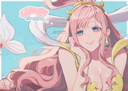 1girl bikini blue_eyes blush cheek_rest closed_mouth commentary earrings fish_hair_ornament hagoromo hair_ornament jewelry long_hair looking_to_the_side mermaid monster_girl one_piece paruma_umu pink_hair shawl shell shell_earrings shirahoshi sidelocks smile solo speech_bubble sun_symbol swept_bangs swimsuit symbol-only_commentary thought_bubble twitter_username very_long_hair yellow_bikini