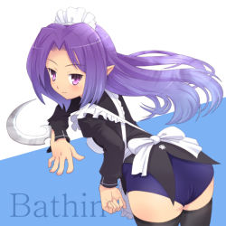 1girl blade character_name female_focus hook long_hair looking_back maid meow_(nekodenki) one-piece_swimsuit original pointy_ears purple_eyes purple_hair school_swimsuit solo swimsuit swimsuit_under_clothes thighhighs