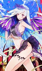 1girl armpits ass bare_arms bare_legs black_shirt black_skirt blue_hair blue_sky breasts brynhild_(cheer_for_master)_(fate) brynhild_(fate) cheerleader cloud collar colosseum commentary confetti crop_top crop_top_overhang day fate/grand_order fate_(series) fleur-de-lis floating_clothes floating_hair foot_out_of_frame from_side green_ribbon halterneck hat heart holding holding_pom_poms jewelry leg_up long_hair looking_at_viewer medium_breasts miniskirt mo_(mocopo) navel official_art outdoors pink_eyes pleated_skirt pom_pom_(cheerleading) pom_poms purple_hat ribbon shirt shoes sideboob sideless_shirt skirt sky sleeveless sleeveless_shirt smile sneakers solo sparkle straight_hair sunlight thighlet third-party_source very_long_hair visor_cap white_collar white_shoes