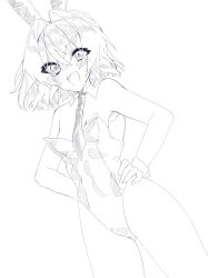 Rule 34 | 1girl, :d, alternate costume, ange katrina, animal ears, armpits, ayuko ammobium, bare shoulders, blush, breasts, commentary request, cowboy shot, detached collar, dutch angle, fake animal ears, greyscale, hair intakes, hair ornament, hand on own hip, highres, leotard, looking at viewer, medium hair, monochrome, necktie, nijisanji, open mouth, playboy bunny, rabbit ears, small breasts, smile, solo, strapless, strapless leotard, sweatdrop, teeth, triangle hair ornament, upper teeth only, virtual youtuber, wrist cuffs