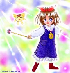 1990s_(style) 1girl :d artist_name bad_id blush boots bow brown_hair colorful_background commentary_request creature dated dated_commentary denim_dress dress frilled_shirt_collar frills full_body hair_bow holding holding_wand jewelry looking_at_viewer lowres necklace open_mouth original purple_dress purple_eyes red_boots red_bow retro_artstyle shirt short_hair smile socks solo sphere_(lr-project) standing wand white_shirt white_socks