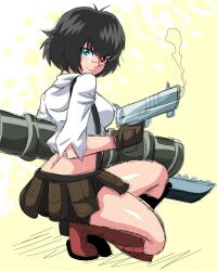 1girl bike_shorts black_hair brown_gloves devil_may_cry devil_may_cry_(series) devil_may_cry_3 gloves green_eyes gun handgun heterochromia highres holding holding_gun holding_rocket_launcher holding_weapon kalina_ann_(weapon) kneeling lady_(devil_may_cry) lewdamone midriff red_eyes rocket_launcher scar scar_on_face scar_on_nose shirt smile weapon white_shirt