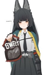 1girl animal_ear_fluff animal_ears bag black_hair black_necktie blunt_bangs chocolate closed_mouth collared_shirt expressionless food fox_ears fox_girl highres holding holding_food hoshimi_miyabi hssfaxee korean_text long_hair looking_at_viewer necktie red_eyes shirt simple_background solo white_background white_shirt zenless_zone_zero