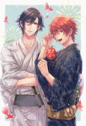 Rule 34 | 2boys, :d, aerial fireworks, aqua background, black hair, blue eyes, blue kimono, border, cowboy shot, crossed arms, fang, fireworks, fish, floral print, folded fan, folding fan, goldfish, grey sash, hair between eyes, hand fan, highres, holding, ichinose tokiya, imai miu, ittoki otoya, japanese clothes, kimono, looking at viewer, looking to the side, male focus, morning glory print, multiple boys, open mouth, outside border, paper fan, parted lips, red eyes, red hair, ripples, sash, short hair, signature, smile, standing, striped clothes, striped kimono, sunflower print, swept bangs, teeth, uchiwa, uta no prince-sama, water yoyo, white border, white kimono, yellow sash, yukata