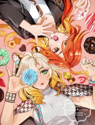 2girls absurdres animal_ears black_jacket blonde_hair food genshin_impact green_eyes hand_up highres holding holding_food jacket jaguar_ears jaguar_girl long_hair long_sleeves looking_at_viewer mavuika_(genshin_impact) medium_hair multicolored_hair multiple_girls open_clothes open_jacket open_mouth parted_lips red_eyes red_hair shiba_(tonari_no_shiba_inu) sleeveless sleeveless_sweater sweater turtleneck turtleneck_sweater watermark xilonen_(genshin_impact)