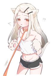 !? 1girl animal_ears animal_hands black_shorts blonde_hair blush breasts camisole cat_ears cat_paws cat_tail collarbone colored_eyelashes crop_top cropped_legs dolphin_shorts gakuen_idolmaster gradient_hair grey_hair highres idolmaster kemonomimi_mode leash long_hair looking_at_viewer maruno_zzz multicolored_hair navel orange_eyes pov shinosawa_hiro short_shorts shorts simple_background small_breasts stomach straight_hair sweat tail thighs viewer_holding_leash white_background white_camisole