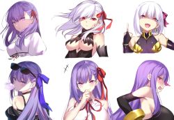 6+girls angra_mainyu angra_mainyu_(fate) armlet armor bare_shoulders bb_(fate) bb_(fate/extra) bikini_armor blush bracelet breasts blowing_bubbles chewing_gum collar collared_leotard dark_sakura detached_sleeves dress earrings eyewear_on_head fate/extra fate/extra_ccc fate/grand_order fate/stay_night fate_(series) hair_ribbon heaven&#039;s_feel highres huge_breasts jewelry kama_(fate) kama_(first_ascension)_(fate) large_breasts leotard long_hair looking_at_viewer looking_back matou_sakura meltryllis_(fate) metal_collar middle_finger multiple_girls multiple_persona open_mouth passionlip_(fate) pink_ribbon possessed possession puffy_short_sleeves puffy_sleeves purple_dress purple_eyes purple_hair purple_sleeves red_eyes red_ribbon ribbon short_hair short_sleeves silver_hair small_breasts spider_apple sunglasses underboob very_long_hair white_dress white_leotard