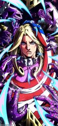 1boy absurdres american_flag araki_hirohiko_(style) argyle_clothes argyle_gloves blonde_hair blue_eyes coat commentary cropped_arms english_commentary funny_valentine gloves highres jojo_no_kimyou_na_bouken long_hair looking_at_viewer male_focus menger_sponge noonvincent parted_lips pink_coat purple_gloves solo star_(symbol) star_print steel_ball_run teeth