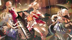 4girls alternate_costume bare_shoulders black_eyes blue_dress blue_hair blue_nails blue_skirt breasts camellya_(wuthering_waves) changli_(wuthering_waves) colored_eyelashes commentary_request dress flower grand_piano hair_ornament highres hinatsu holding holding_instrument indoors instrument jewelry jinhsi_(wuthering_waves) large_breasts long_hair looking_at_viewer medium_breasts mole mole_on_cheek multicolored_hair multiple_girls nail_polish necklace open_mouth piano pink_hair purple_eyes red_dress red_flower red_nails red_pupils shirt shorekeeper_(wuthering_waves) short_twintails sitting skirt smile twintails two-tone_hair veil white_dress white_hair white_shirt white_veil wuthering_waves