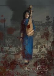 Rule 34 | 1girl, absurdres, black hair, black shoes, blood, blood splatter, blue dress, bracelet, china dress, chinese clothes, closed eyes, dated, dress, highres, holding, holding instrument, instrument, jewelry, medium hair, nanjing, original, personification, pipa (instrument), shoes, solo, user aamm7477, wavy hair, world war ii