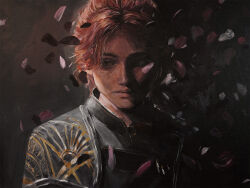 1girl black_coat body_freckles clair_obscur:_expedition_33 coat floral_dissolve freckles highres maelle_(clair_obscur:_expedition_33) paint painting_(medium) pluvium_grandis red_hair simple_background solo traditional_media