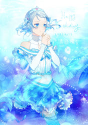 1girl 2019 absurdres aqua_skirt aquarium armpits arms_up artist_request bare_shoulders blue_bow blue_eyes blush bow bowtie bracelet breasts capelet confeito confeitoo crop_top detached_sleeves female_focus fish frilled_capelet frills grey_hair hair_ornament highres jewelry koi_ni_naritai_aquarium love_live! love_live!_sunshine!! medium_breasts miniskirt navel outstretched_arms panties short_hair skirt smile solo striped_bow striped_bowtie striped_clothes thighhighs tiara underwear watanabe_you