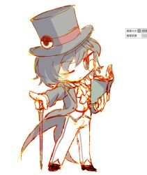 1other alternate_costume androgynous art_program_in_frame ascot black_eyes black_footwear black_hair black_hat black_jacket book bright_pupils cane chibi closed_mouth coattails cola collared_jacket dress_pants dress_shoes enraku_tsubakura expressionless eye_of_senri formal_clothes gloves hat hat_ornament holding holding_book holding_cane jacket lapels len&#039;en looking_at_viewer monocle mxx33 notched_lapels one_eye_closed open_book open_clothes open_jacket other_focus pants round_eyewear shirt short_hair simple_background solo standing top_hat white_ascot white_background white_gloves white_pants white_pupils white_shirt