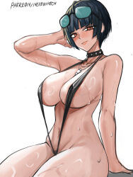 1girl absurdres bare_shoulders black_hair black_slingshot_swimsuit breasts brown_eyes choker cleavage collarbone covered_erect_nipples curvy eyewear_on_head highres jewelry large_breasts looking_at_viewer navel necklace nero_watch persona persona_5 revealing_clothes short_hair sitting slingshot_swimsuit solo stomach studded_choker sunglasses sweat sweatdrop swimsuit takemi_tae water wet