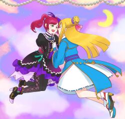 blonde_hair braid brown_eyes chacha gloves green_eyes hair_ornament hair_ribbon high_heels holding_hands hosokawa_gracia interlocked_fingers japanese_clothes kimono lace-trimmed_sleeves lace_trim long_hair looking_at_another medium_hair obi open_mouth pantyhose platform_sandals red_hair ribbon sash sengoku_musou skirt smile tabi twintails