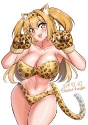 Rule 34 | 1girl, absurdres, alternate costume, animal ears, animal hands, breasts, brown eyes, fake animal ears, fake tail, fangs, gloves, hairband, highres, i-26 (kancolle), jaguar ears, leopard print, jaguar tail, kantai collection, katou shinobu, large breasts, light brown hair, long hair, navel, open mouth, paw gloves, print gloves, print hairband, solo, tail, two side up