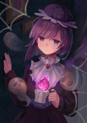 1girl black_dress blackberry_cookie blunt_ends bob_cut candle closed_mouth commentary cookie_run dress fire frills ghost hair_between_eyes hair_bun hair_ornament highres holding holding_candle humanization indoors jitome long_sleeves looking_at_viewer picture_frame pink_fire purple_eyes purple_hair red_brooch short_hair silk single_hair_bun solo spider_web syeoa symbol-only_commentary upper_body