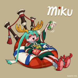 1girl absurdres alcohol alexander_keith&#039;s animal_slippers artist_name bagpipes beer beer_can blue_hair brown_background can canada character_name chips_(food) closed_eyes commentary drink_can drunk english_commentary food full_body green_shirt grey_socks halifax_mooseheads hatsune_miku highres holding holding_can horns instrument jersey kyu-bum_lee leaf long_hair maple_leaf open_mouth potato_chips reclining red_slippers shirt simple_background slippers smarties socks solo twintails vocaloid worldwide_miku