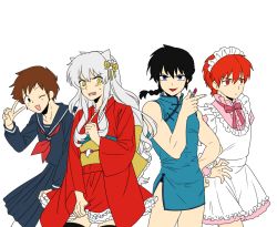 Rule 34 | 4boys, alternate costume, animal ears, bad id, bad pixiv id, blush, china dress, chinese clothes, creator connection, crossdressing, crossover, dog ears, dress, enmaided, hatorion, inuyasha, inuyasha (character), japanese clothes, kyoukai no rinne, lipstick, lolita fashion, maid, makeup, male focus, moroboshi ataru, multiple boys, ranma 1/2, rokudou rinne, saotome ranma, school uniform, serafuku, urusei yatsura, wa lolita