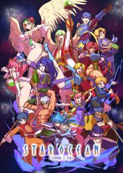 absurdres breasts cleavage closed_mouth cyuss_warren dorne_murtough highres holding holding_sword holding_weapon ilia_silvestri large_breasts long_hair looking_at_viewer mavelle_froessen miki_sauvester millie_chliette multiple_boys multiple_girls one_eye_closed open_mouth perisie_(star_ocean) phia_mell roddick_farrence ronyx_j._kenny ryoi short_hair smile star_ocean star_ocean_first_departure sword t&#039;nique_arcana weapon