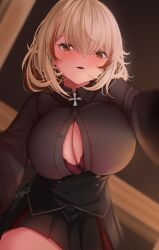 1girl absurdres azur_lane bent_over black_jacket black_skirt blonde_hair blush bra breasts buttons cleavage cross double-breasted from_below hair_between_eyes heart heart_print highres indoors iron_cross jacket large_breasts looking_at_viewer looking_down medium_hair miniskirt multicolored_hair o7fian parted_lips partially_unbuttoned pinned pleated_skirt purple_bra red_bra red_hair roon_(azur_lane) skirt solo streaked_hair thighs two-tone_hair unbuttoned_jacket underwear yellow_eyes