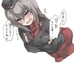Rule 34 | 1girl, black hat, black jacket, blue eyes, blue nails, blush, commentary, cowboy shot, cropped torso, crossed arms, dress shirt, dutch angle, elf (stroll in the woods), frown, garrison cap, girls und panzer, grey hair, half-closed eyes, hat, insignia, itsumi erika, jacket, kuromorimine military uniform, long sleeves, looking at viewer, medium hair, military hat, military uniform, miniskirt, open mouth, pleated skirt, red shirt, red skirt, shirt, skirt, solo, standing, sweatdrop, translated, wing collar