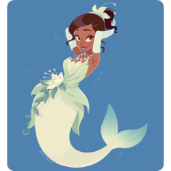 1girl armpits bare_shoulders brown_hair commentary dark-skinned_female dark_skin dress elbow_gloves flower gloves kiri_futoshi mermaid monster_girl monsterification short_hair smile solo the_princess_and_the_frog tiana_(the_princess_and_the_frog) underwater very_dark_skin