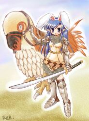 1girl 2000s_(style) :d animal_ears armor armored_boots armored_dress bird blue_eyes blue_hair blush boots brown_socks chainmail commentary_request dress exp_mochi fake_animal_ears full_body gauntlets holding holding_sword holding_weapon katana knight_(ragnarok_online) long_hair looking_at_viewer open_mouth pauldrons peco_peco pointy_ears ragnarok_online reins shoulder_armor smile socks solo standing sword weapon