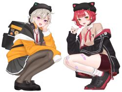 2girls :3 absurdres animal_hat backpack bag bandaid bandaid_on_leg belt_collar black_bag black_hat black_jacket black_nails black_pantyhose black_shoes black_skirt blazer blonde_hair blush brown_sweater candy cat_hat center-flap_bangs collar crossed_bandaids earrings facial_mark food full_body hair_flaps hair_ornament hairclip hand_on_own_cheek hand_on_own_face hat head_rest headphones headphones_around_neck highres holding holding_candy holding_food holding_lollipop hood hoodie jacket jewelry komori_met lollipop looking_at_viewer multiple_girls neckerchief necktie nekota_tsuna nekota_tsuna_(4th_costume) off_shoulder open_mouth orange_eyes orange_hair orange_hoodie pantyhose pioneer_neckerchief red_hair red_neckerchief red_necktie shirt shoes short-sleeved_sweater short_sleeves shorts simple_background skirt socks squatting sweater teeth tojo_aoi upper_teeth_only virtual_youtuber vspo! white_background white_shirt white_socks