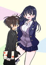 Rule 34 | 1boy, 1girl, black hair, blue eyes, boku no kokoro no yabai yatsu, book, breasts, brown eyes, brown hair, gakuran, hand in another&#039;s hair, hand on another&#039;s head, highres, holding, holding book, ichikawa kyoutarou, lapel pin, large breasts, long hair, name tag, nervous, pleated skirt, sakurai norio, school uniform, short hair, skirt, standing, standing on one leg, tagme, yamada anna